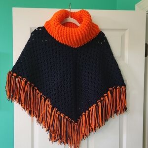 Orange and Navy Crocheted Poncho with Fringe